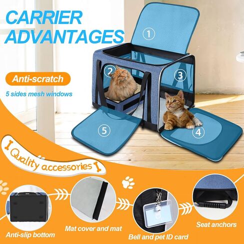 Petskd Extra Large Cat Carrier with Wheels and Litter Box 24"x17"x17" for Large Cat or 2 Small Cats, Collapsible Soft Sided Pet Carrier for Car Travel with Lockable Safety Zippers(Blue) in Saudi Arabia