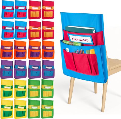 24 PCS Chair Pocket for Classroom, Chair Organizer, Student Chair back Buddy Pocket Chart, with 6 Storage Pockets and One Name Tag, Seat Storage Sack 15" W x 19" H, 6 Bright Colors in Kuwait