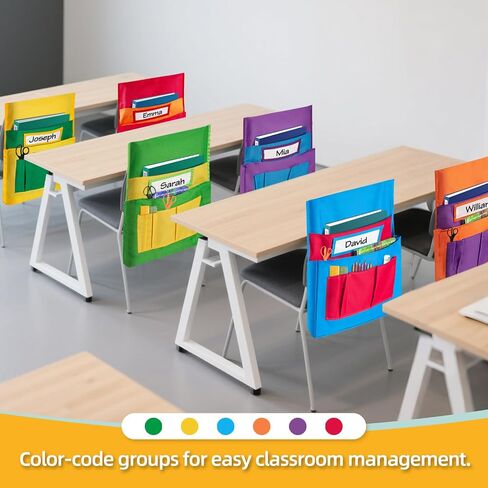 24 PCS Chair Pocket for Classroom, Chair Organizer, Student Chair back Buddy Pocket Chart, with 6 Storage Pockets and One Name Tag, Seat Storage Sack 15" W x 19" H, 6 Bright Colors in Kuwait