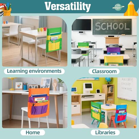 24 PCS Chair Pocket for Classroom, Chair Organizer, Student Chair back Buddy Pocket Chart, with 6 Storage Pockets and One Name Tag, Seat Storage Sack 15" W x 19" H, 6 Bright Colors in Kuwait