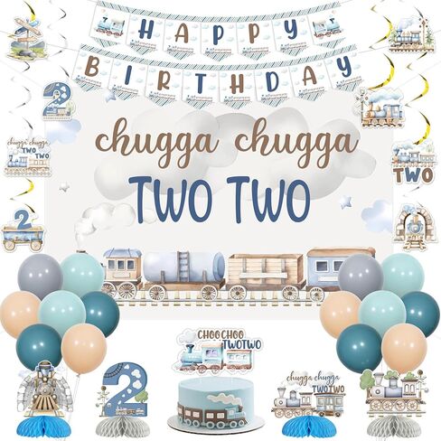 Chugga Chugga Two Two Birthday Party Decorations, 2nd Train Birthday Decorations, Retro Blue Balloons Backdrop Banner Cupcake Cake Toppers Number 2 Foil Balloon for 2 Year Old Birthday Party in Saudi Arabia