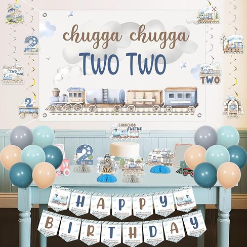 Chugga Chugga Two Two Birthday Party Decorations, 2nd Train Birthday Decorations, Retro Blue Balloons Backdrop Banner Cupcake Cake Toppers Number 2 Foil Balloon for 2 Year Old Birthday Party in Saudi Arabia