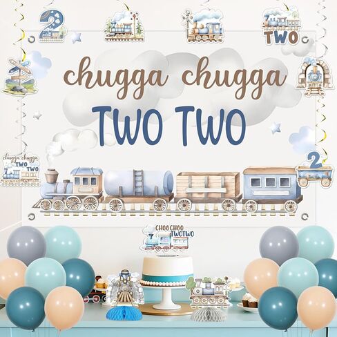 Chugga Chugga Two Two Birthday Party Decorations, 2nd Train Birthday Decorations, Retro Blue Balloons Backdrop Banner Cupcake Cake Toppers Number 2 Foil Balloon for 2 Year Old Birthday Party in Saudi Arabia