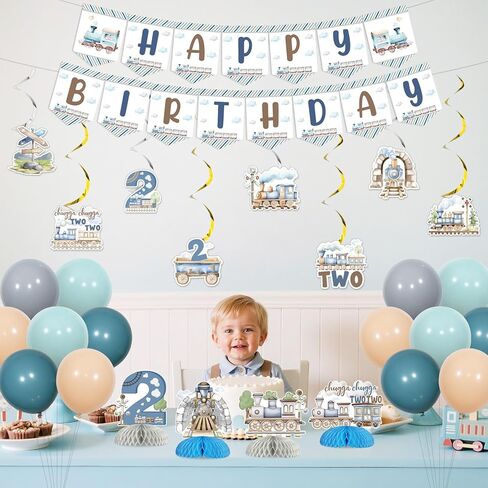 Chugga Chugga Two Two Birthday Party Decorations, 2nd Train Birthday Decorations, Retro Blue Balloons Backdrop Banner Cupcake Cake Toppers Number 2 Foil Balloon for 2 Year Old Birthday Party in Saudi Arabia