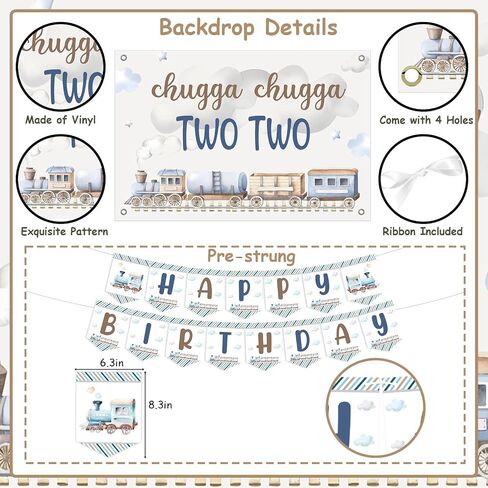 Chugga Chugga Two Two Birthday Party Decorations, 2nd Train Birthday Decorations, Retro Blue Balloons Backdrop Banner Cupcake Cake Toppers Number 2 Foil Balloon for 2 Year Old Birthday Party in Saudi Arabia