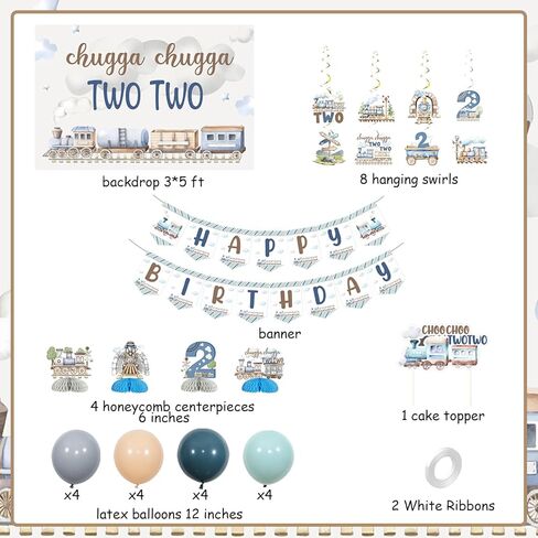 Chugga Chugga Two Two Birthday Party Decorations, 2nd Train Birthday Decorations, Retro Blue Balloons Backdrop Banner Cupcake Cake Toppers Number 2 Foil Balloon for 2 Year Old Birthday Party in Saudi Arabia