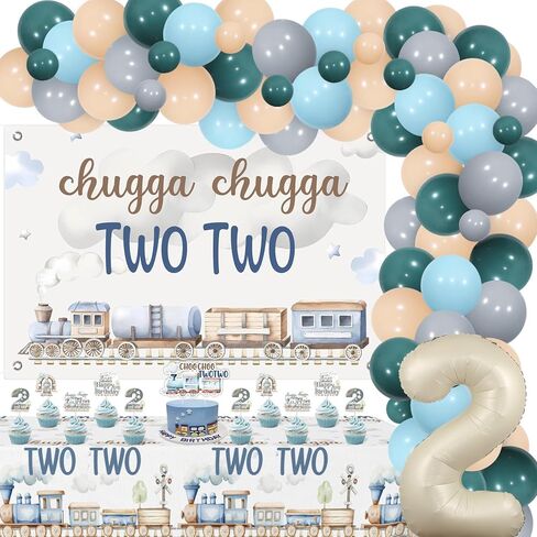 Chugga Chugga Two Two Birthday Party Decorations, 2nd Train Birthday Decorations, Retro Blue Balloons Backdrop Banner Cupcake Cake Toppers Number 2 Foil Balloon for 2 Year Old Birthday Party in Saudi Arabia