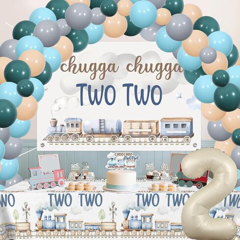 Chugga Chugga Two Two Birthday Party Decorations, 2nd Train Birthday Decorations, Retro Blue Balloons Backdrop Banner Cupcake Cake Toppers Number 2 Foil Balloon for 2 Year Old Birthday Party in Saudi Arabia