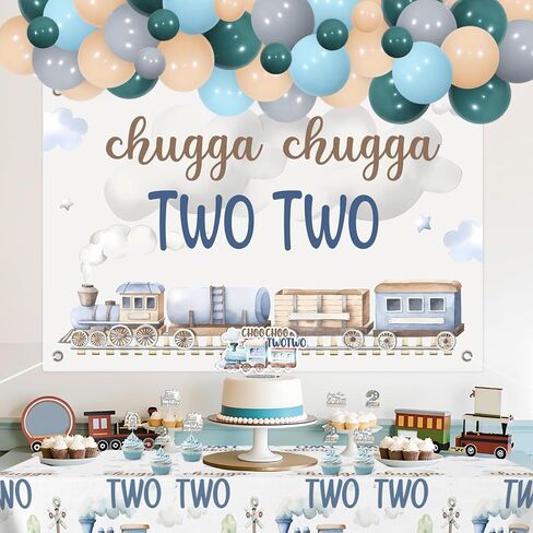 Chugga Chugga Two Two Birthday Party Decorations, 2nd Train Birthday Decorations, Retro Blue Balloons Backdrop Banner Cupcake Cake Toppers Number 2 Foil Balloon for 2 Year Old Birthday Party in Saudi Arabia
