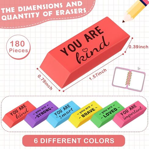 Yaomiao 180 Pcs Inspirational Erasers for Kids Bulk Pencil Beveled Erasers Colorful Motivational Gifts Bulk for Kids Students Classrooms, Drawing, Back to School in Saudi Arabia