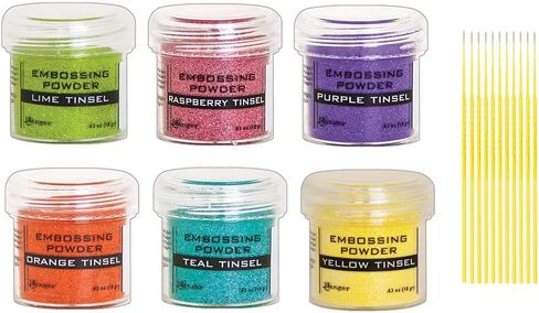 Ranger Embossing Powder Celebration Bundle - 6 Embossing Powder Tinsel Set - Lime, Raspberry, Purple, Orange, Teal, Yellow - with Trebbies Detail Sticks in Saudi Arabia