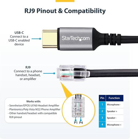 StarTech.com USB-C to RJ9 Adapter for Office Phone Handset or Wired/Wireless Headset, Use Landline Hardware, 6ft (1.8m) Cable in Saudi Arabia