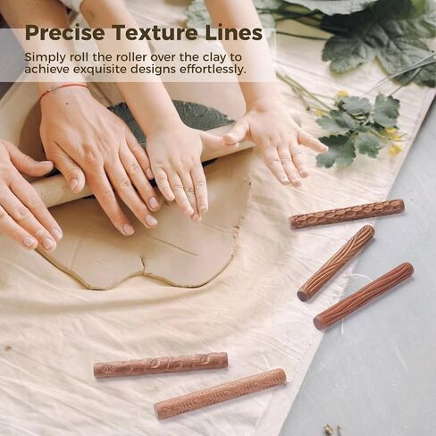 5-Piece Handheld Wooden Clay Rollers, Featuring Leaf, Cobblestone, Fish, and Wood Grain Patterns in Saudi Arabia