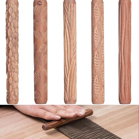 Wooden 5 Pcs Clay Rollers, Grain Fish Leaf Cobblestone Texture, Clay Rolling Pins for DIY Handcrafts, Hand Mini Rollers in Saudi Arabia