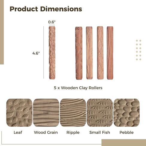 Wooden 5 Pcs Clay Rollers, Grain Fish Leaf Cobblestone Texture, Clay Rolling Pins for DIY Handcrafts, Hand Mini Rollers in Saudi Arabia