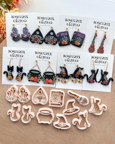 Roseaux 12pcs قواطع الطين البوليمر في الهالوين المحددة للأقراط - الساحرة ، القطط ، المرجل ، الماس ، القلب ، القبعة والمزيد in Saudi Arabia