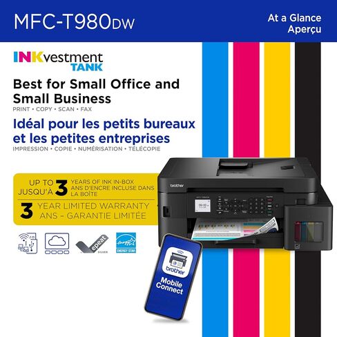 Brother INKvestment Tank 980 Wireless and Ethernet Color Inkjet All-in-One Printer with Multipurpose Tray | Includes up to 3 Years of Ink in-Box(1) and 3-Year Limited Warranty(2) (MFC-T980DW) in Saudi Arabia