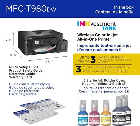 Brother INKvestment Tank 980 Wireless and Ethernet Color Inkjet All-in-One Printer with Multipurpose Tray | Includes up to 3 Years of Ink in-Box(1) and 3-Year Limited Warranty(2) (MFC-T980DW) in Saudi Arabia
