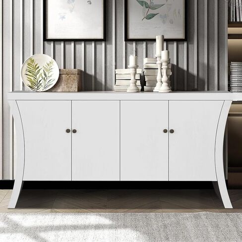 credenza الصناعي المكرر 4 أبواب مع أرجل قوس أنيقة ومقاطع برونزية ، تصميم تخزين متعدد الاستخدامات ، أبيض in Saudi Arabia