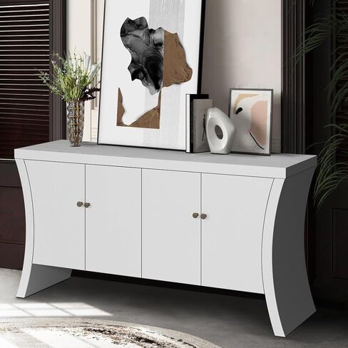 credenza الصناعي المكرر 4 أبواب مع أرجل قوس أنيقة ومقاطع برونزية ، تصميم تخزين متعدد الاستخدامات ، أبيض in Saudi Arabia