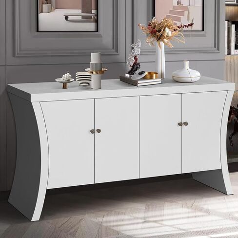 credenza الصناعي المكرر 4 أبواب مع أرجل قوس أنيقة ومقاطع برونزية ، تصميم تخزين متعدد الاستخدامات ، أبيض in Saudi Arabia