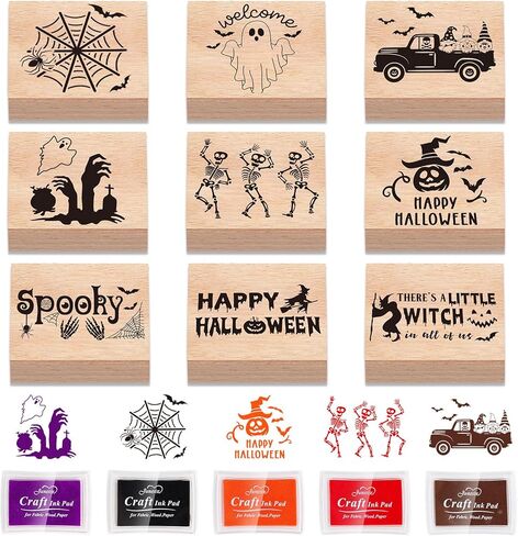 Whaline 9 PCS Halloween Wooden Rubber Stamps with 5 Colors Craft Ink Pads Spooky Ghost Skeleton Witch DIY Craft Craft in Saudi Arabia