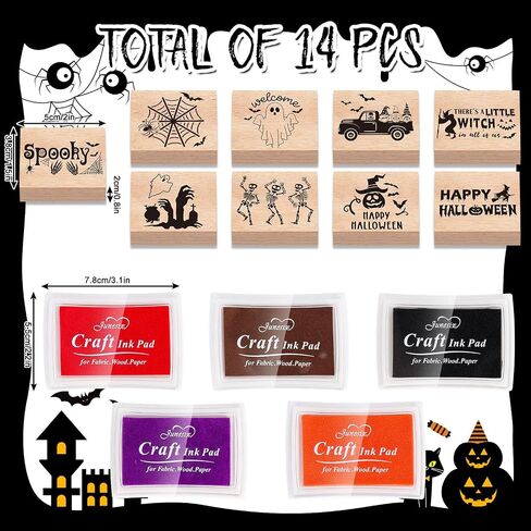 Whaline 9 PCS Halloween Wooden Rubber Stamps with 5 Colors Craft Ink Pads Spooky Ghost Skeleton Witch DIY Craft Craft in Saudi Arabia