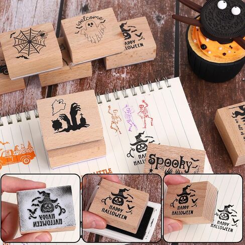 Whaline 9 PCS Halloween Wooden Rubber Stamps with 5 Colors Craft Ink Pads Spooky Ghost Skeleton Witch DIY Craft Craft in Saudi Arabia