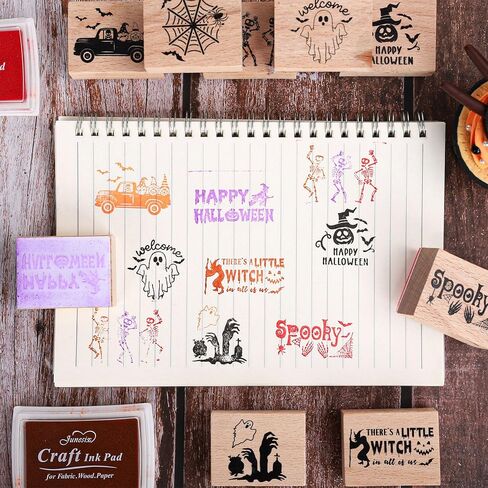 Whaline 9 PCS Halloween Wooden Rubber Stamps with 5 Colors Craft Ink Pads Spooky Ghost Skeleton Witch DIY Craft Craft in Saudi Arabia