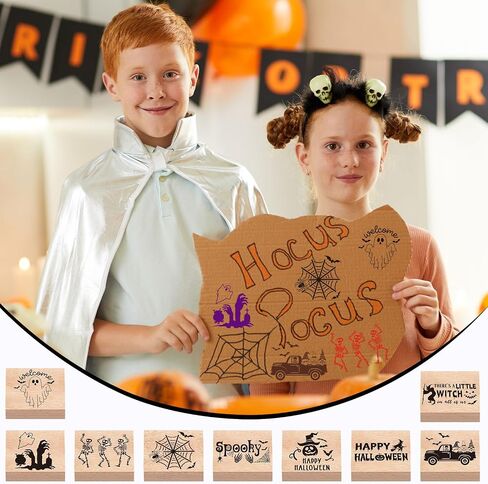 Whaline 9 PCS Halloween Wooden Rubber Stamps with 5 Colors Craft Ink Pads Spooky Ghost Skeleton Witch DIY Craft Craft in Saudi Arabia