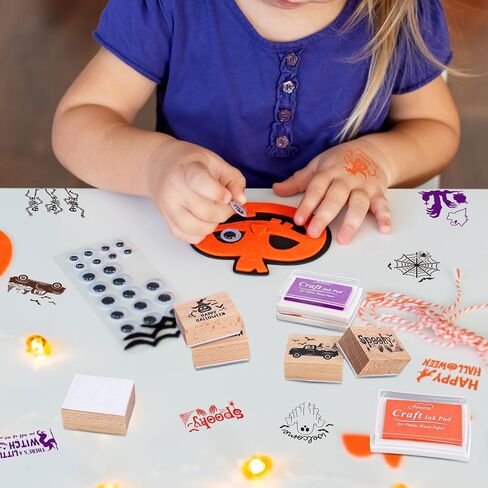 Whaline 9 PCS Halloween Wooden Rubber Stamps with 5 Colors Craft Ink Pads Spooky Ghost Skeleton Witch DIY Craft Craft in Saudi Arabia
