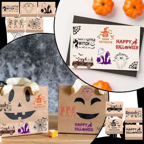 Whaline 9 PCS Halloween Wooden Rubber Stamps with 5 Colors Craft Ink Pads Spooky Ghost Skeleton Witch DIY Craft Craft in Saudi Arabia