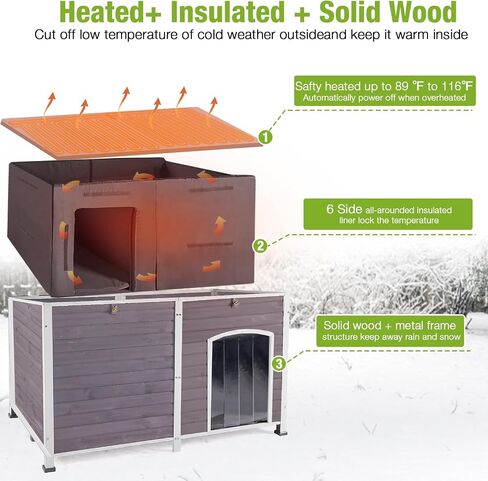 GUTINNEEN Heated Dog House for Outside Insulated Large Dog House Outdoor with Safe Heated Pad, Chew-Proof Metal Frame and Insulated Liner for Medium to Large Dogs, 37.4" L x 50.9" W x 37.2" H in Saudi Arabia