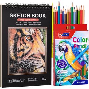 رسم رسم رسم للكتاب ، كتاب رسم A5 مع 36 أقلامًا ملونة ، وسادة رسم سوداء ثلاثية اللون ، وسادة رسم خالية من الأحماض للأطفال ، وفنان ، ولوازم رسم الورق الفنية للهدايا (5.8 × 8.3 بوصة) in Kuwait