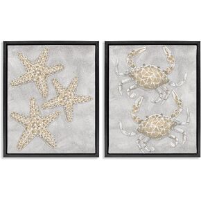 Stupell Industries Gray Starffish & Crab Drawing 2 قطعة من القماش البني ذو الإطارات الفواهية التصميم بواسطة Patti Bishop ، 21 × 17 in Kuwait