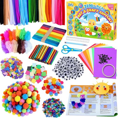 Zefy 3200+ PCS Arts and Crafts Supplies for Kids ، كلها في مجموعات حرفية واحدة مع تصميم 12 الحرف اليدوية ، مربع مجموعة Craft Craft للبنات الفتيات من 4 إلى 12 in Kuwait