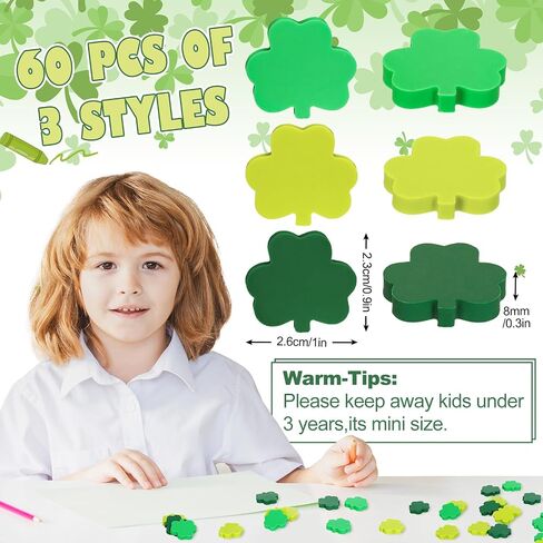 60pcs St. Patricks'day Mini Shamrock Erasers Irish Lucky Clover College Collection Rasers لجوائز الفصول الدراسية السائبة جوائز مكافآت الواجبات المنزلية ، 3 ألوان in Saudi Arabia