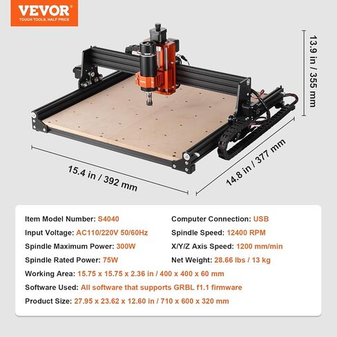 VEVOR CNC Router Machine, 120W 3 Axis GRBL Control Wood Engraving Carving Milling Machine Kit, 300 x 200 x 60 mm/11.8 x 7.87 x 2.36 in Working Area 10000 RPM for Wood Acrylic MDF PVC Plastic Foam in Kuwait