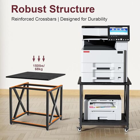 2 Tier Large Printer Stand, 23.6 x 23.6 Inches Printer Table with Storage Shelf, Rolling Printer Cart with Industrial Wheels for Home Office (Black) in Saudi Arabia