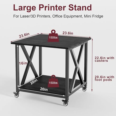 2 Tier Large Printer Stand, 23.6 x 23.6 Inches Printer Table with Storage Shelf, Rolling Printer Cart with Industrial Wheels for Home Office (Black) in Saudi Arabia