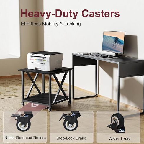 2 Tier Large Printer Stand, 23.6 x 23.6 Inches Printer Table with Storage Shelf, Rolling Printer Cart with Industrial Wheels for Home Office (Black) in Saudi Arabia