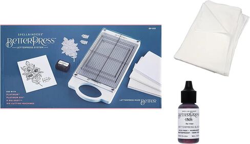 spellbinders نظام Letterpress BetterPress بما في ذلك النظام ، لوحات الصحافة الحصرية ، وسادة الحبر الصغيرة السوداء ، 15 لوحات بطاقات القطن ، المنحرة السوداء ومنشفة تنظيف الدقيق in Kuwait