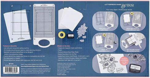 spellbinders نظام Letterpress BetterPress بما في ذلك النظام ، لوحات الصحافة الحصرية ، وسادة الحبر الصغيرة السوداء ، 15 لوحات بطاقات القطن ، المنحرة السوداء ومنشفة تنظيف الدقيق in Kuwait