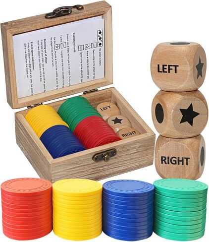 Left Right Center Dice Game Set, 3 1-inch Wood Dice and 48 Thicker Chips in Wooden Storage Box, Portable Travel Dice Games for Family & Friends, Brown in Saudi Arabia