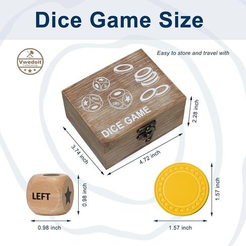 Left Right Center Dice Game Set, 3 1-inch Wood Dice and 48 Thicker Chips in Wooden Storage Box, Portable Travel Dice Games for Family & Friends, Brown in Saudi Arabia