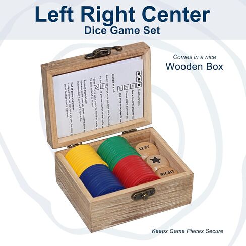 Left Right Center Dice Game Set, 3 1-inch Wood Dice and 48 Thicker Chips in Wooden Storage Box, Portable Travel Dice Games for Family & Friends, Brown in Saudi Arabia