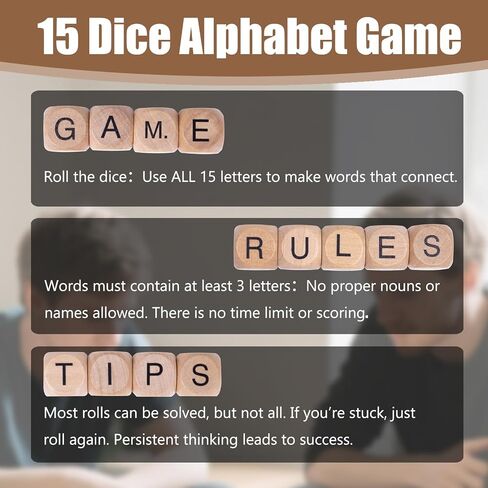 Crossword Dice Game for Adults – 15 Wooden Letter Dice for Strategic Play, Language Practice & Travel Use in Saudi Arabia