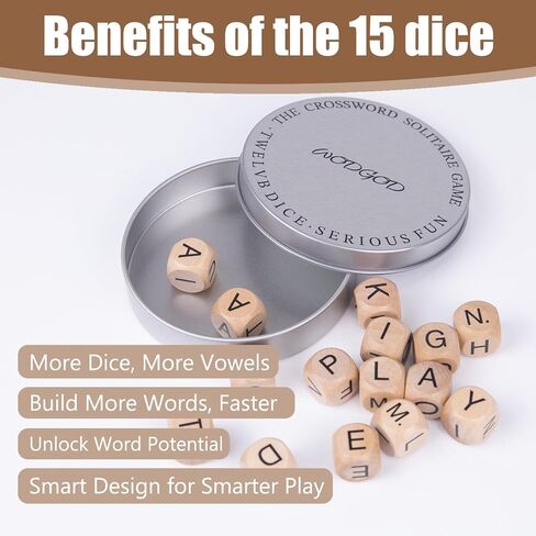 Crossword Dice Game for Adults – 15 Wooden Letter Dice for Strategic Play, Language Practice & Travel Use in Saudi Arabia