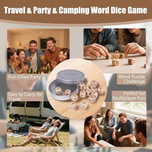 Crossword Dice Game for Adults – 15 Wooden Letter Dice for Strategic Play, Language Practice & Travel Use in Saudi Arabia