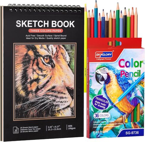 Drawing Sketchbook Kit, A5 Sketch Book with 36 Color Pencils, Three Color Black Sketch Pad, Acid-Free Sketch Pad for Kids, Artist, Art Paper Drawing Supplies for Gifts (5.8×8.3 inch) in Saudi Arabia